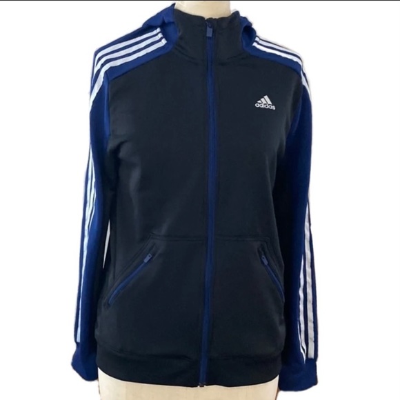 Adidas black and royal blue Climalite training jacket with hood. Girl’s Large. - Picture 1 of 15